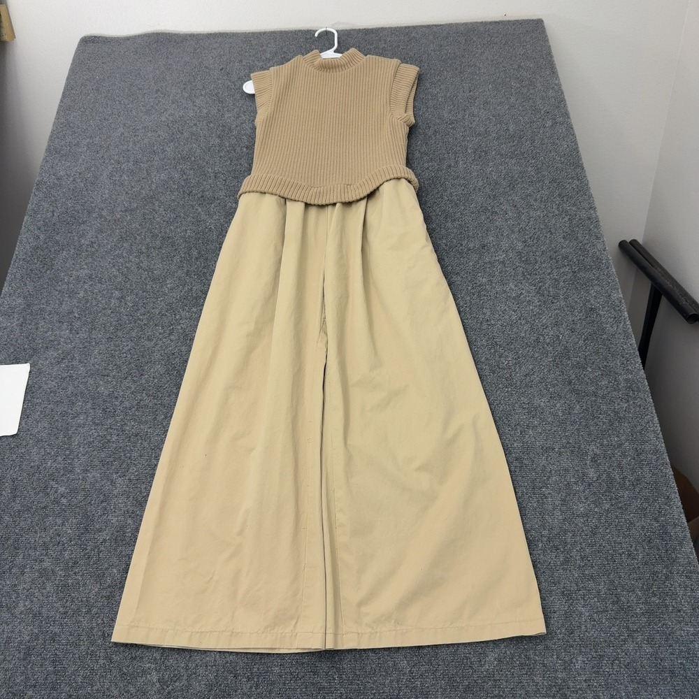 Unbranded Jumpsuit Womens S Beige Cotton Knit Mock Neck Wide Leg Minimalist